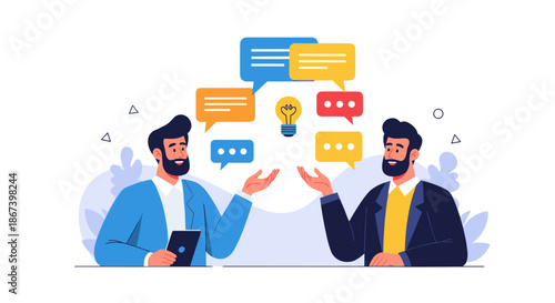 Two professional businessmen discussing creative ideas with speech bubbles and a bright lightbulb symbol in a flat style.