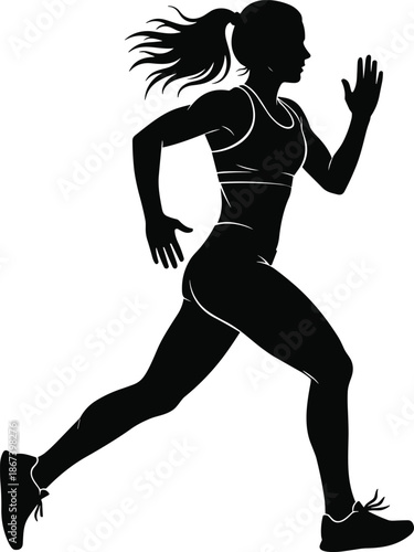 Running woman silhouette vector illustration, athletic female sprinter isolated on white, fitness workout graphic, jogging girl icon, active lifestyle sports character design, marathon runner,