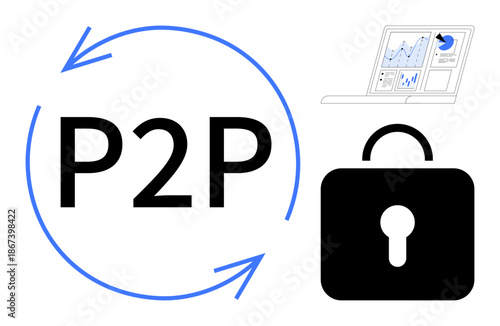 P2P networking, data sharing, security protocols, blockchain, online transactions, data privacy. peer-to-peer text with arrows, lock icon and analytics. P2P networking and data privacy concept