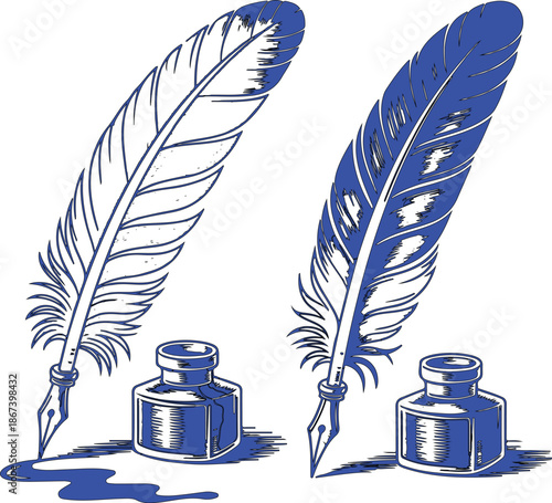 Two illustrations of feather quill pens. On the left, the quill is poised over a piece of paper, with ink flowing from the nib, creating a wavy line.