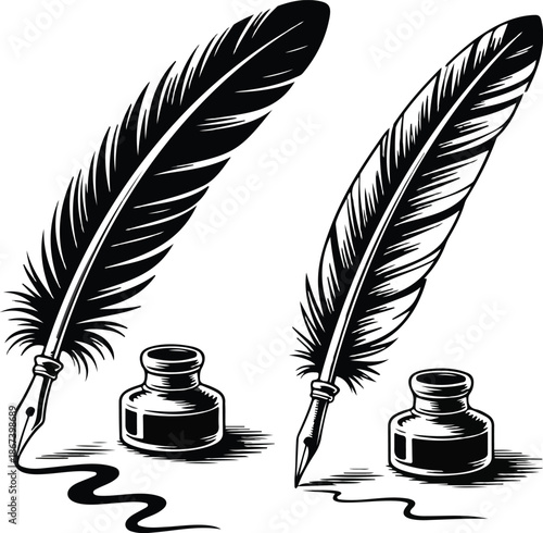 Two illustrations of feather quill pens. On the left, the quill is poised over a piece of paper, with ink flowing from the nib, creating a wavy line.