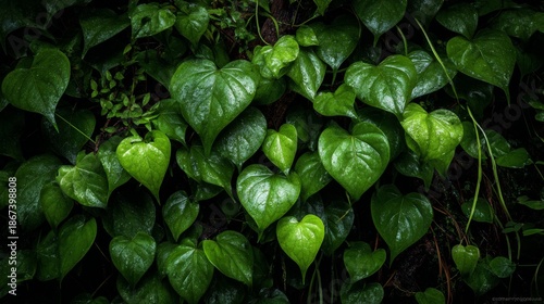 Wallpaper Mural Lush green heart-shaped leaves densely cover a dark background. Water droplets glisten, reflecting light. Foliage evokes a sense of freshness Torontodigital.ca