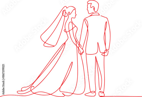 A beautiful continuous red line drawing captures a bride and groom holding hands, facing each other