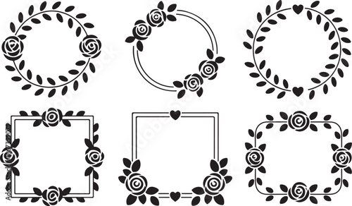 A collection of black and white circular and square frames adorned with intricate rose and leaf designs including heart accents