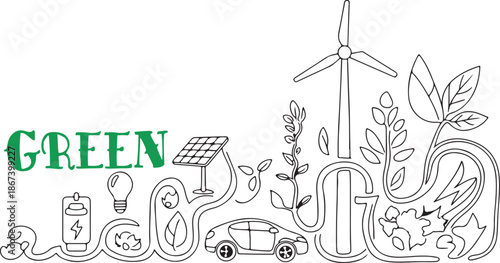 A collection of outline symbols represents green energy and environmental sustainability with bold text