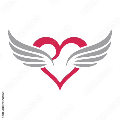 pink heart outline with silver wings for love freedom concept