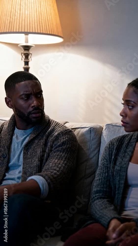 Upset African American couple sitting on a sofa during a relationship conflict or serious discussion in a living room.
