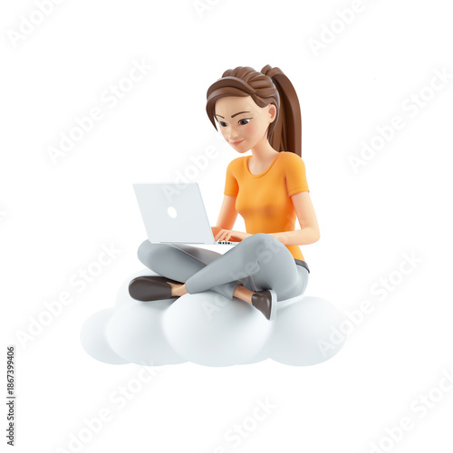 3d woman sitting on cloud and using laptop