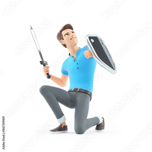 3d man with shield and sword defending