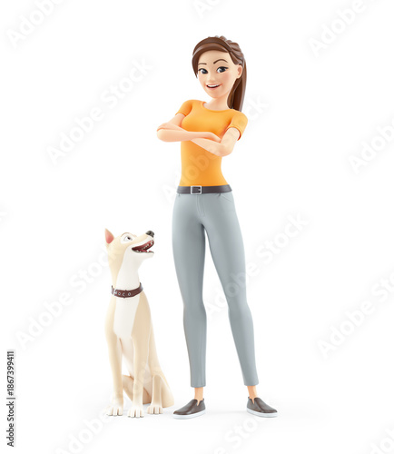 3d woman standing with her dog