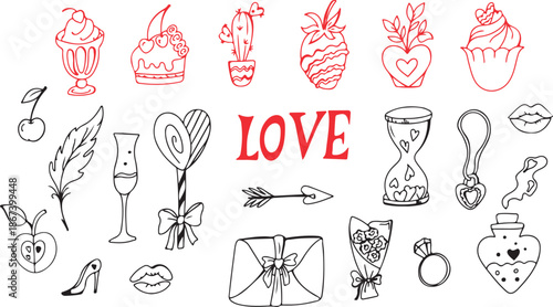 A diverse collection of hand drawn love and romance themed doodle icons including desserts, hearts, and gifts