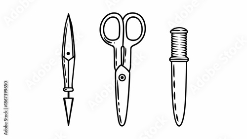 Set of hand drawn sewing tools illustrations isolated