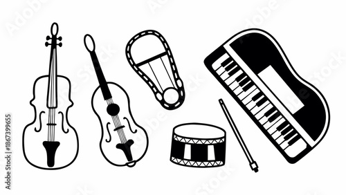 Set of Hand Drawn Outline Illustrations of Musical Instruments