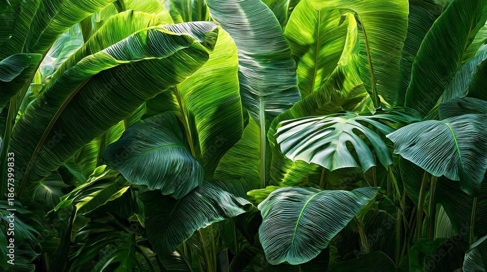custom made wallpaper toronto digitalLush, verdant foliage. Sunlight streams through large, broad leaves creating depth and texture, showing vibrant greens and intricate veining