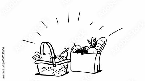 Hand Drawn Organic Foods in Basket and Bag