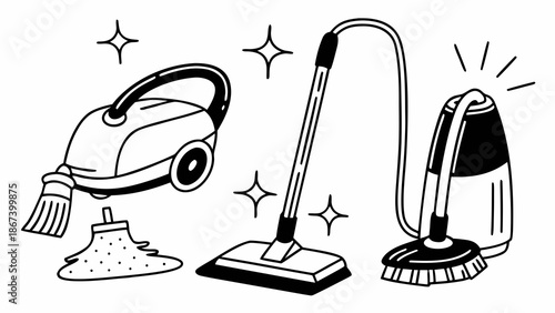 Hand drawn outline illustrations of home cleaning appliances