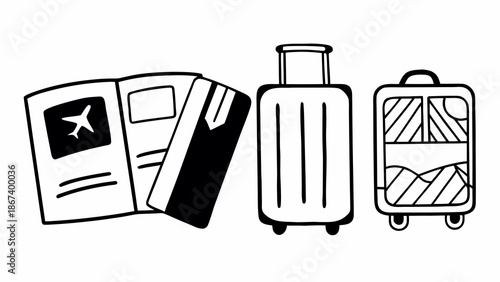 Hand drawn travel icons with suitcase and passport