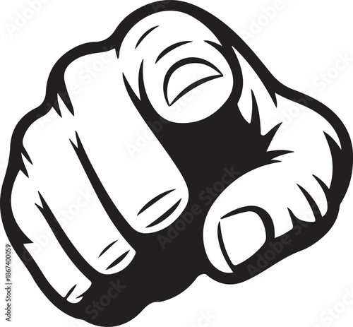 A stylized black and white illustration of a human hand pointing directly towards the viewer