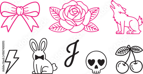 A varied set of outlined icons including a pink rose, howling wolf, skull, rabbit, and other symbols