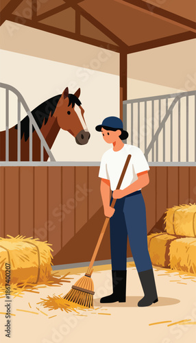 A person in a barn cleans a stall while a horse looks on