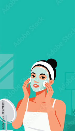 Woman applying facial mask with cotton pads and mirror for skincare