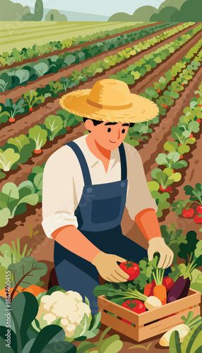 Farmer harvests fresh produce, gathering vegetables into a wooden crate in a sunlit field