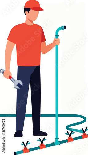Person in orange shirt, blue pants, and hat fixes irrigation system with wrench