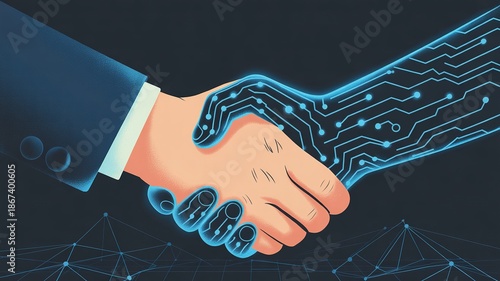 Human and AI collaboration symbolized by a handshake, bridging technology and human connection.