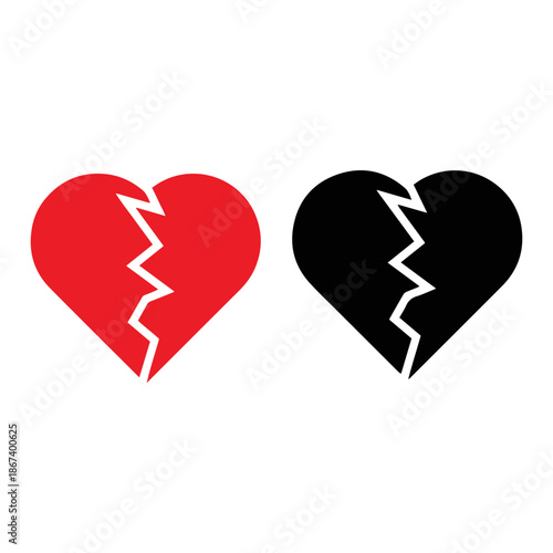 broken heart icons set, red and black heartbreak vector