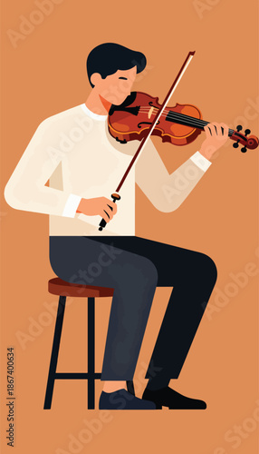 A man elegantly plays the violin while seated on a stool