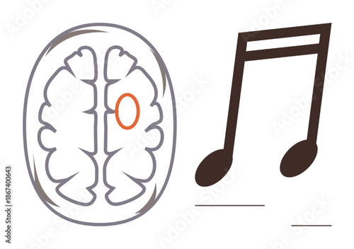 Neuroscience, creativity, brain stimulation, music therapy, cognitive function, learning enhancement. Diagram of a brain with orange-highlighted area and a musical note. Neuroscience and creativity