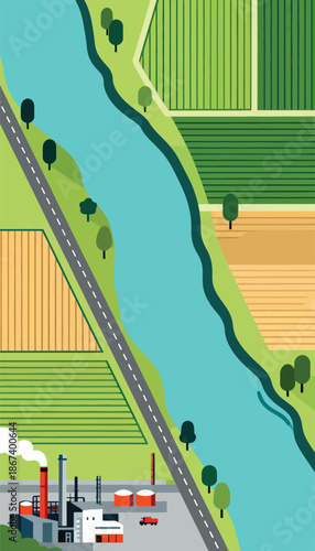 Aerial view of river, road, farmlands, and industrial complex