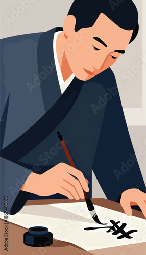 Person in traditional robes carefully paints intricate characters with a brush