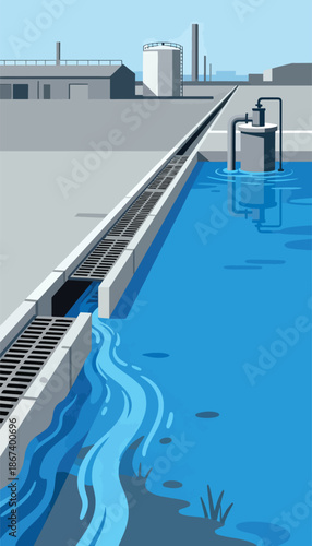 Industrial water treatment facility with tanks, pipes, and flowing water