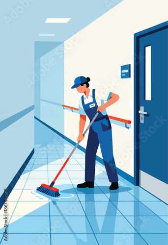 A person in uniform mops a tiled floor in a hallway