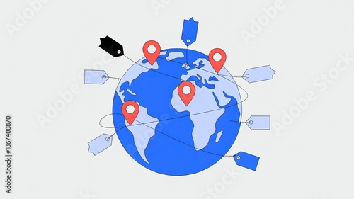 Global tagging and location marking around a stylized planet earth