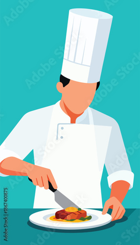 Chef plating a delicious steak with egg on a white plate