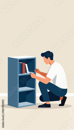 Man crouches to organize books on a blue shelf