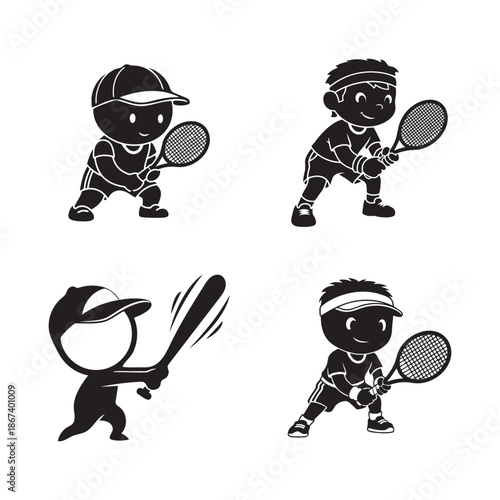 Young athletes in action: a set of children playing tennis and baseball with rackets and a bat