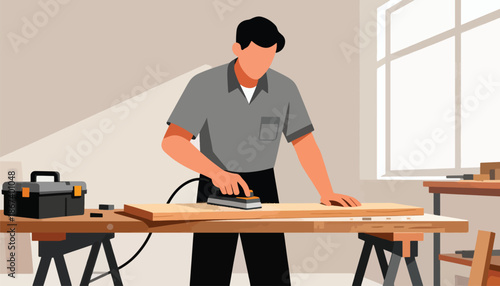 Carpenter uses electric sander on wood plank at workshop table