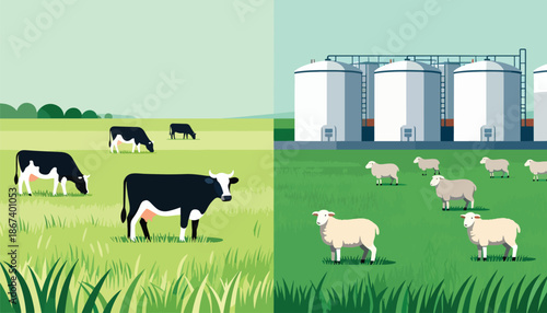 Dividing line shows cows grazing on pasture and sheep near industrial silos