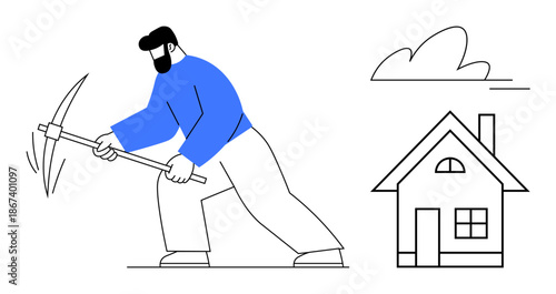 Home improvement, construction, manual labor, real estate, building, housing market. A man holding a pickaxe in front of a house. Home improvement and construction concept