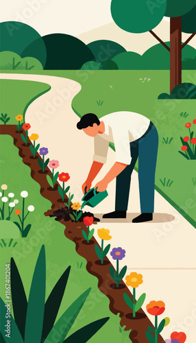 Person watering newly planted colorful flowers along a winding path in a garden