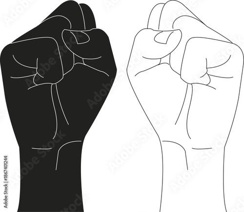clenched fist hand gesture punch black and white Raised fist in black