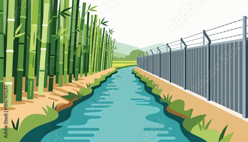 A verdant bamboo forest lines a bright blue canal, divided by a stark barbed-wire fence