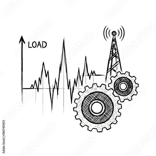 Graph showing fluctuating load alongside communication tower and gears, symbolizing network performance and industrial systems.