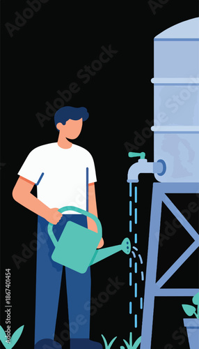 Person watering plants from elevated water tank