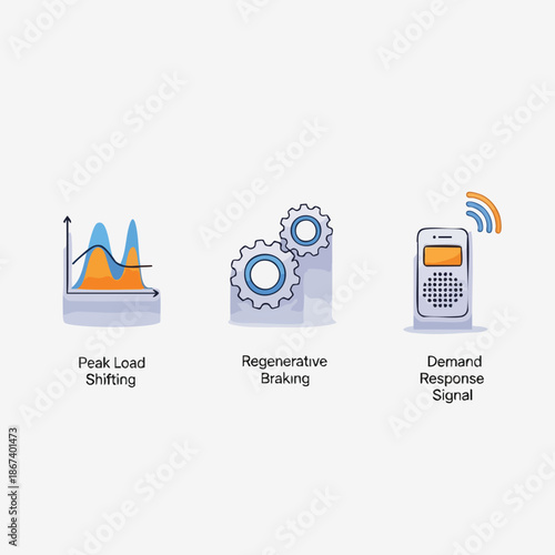 Illustrations depicting peak load shifting, regenerative braking, and demand response signals for energy management.