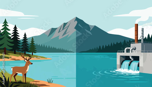 Nature's tranquility juxtaposed with industrial output, contrasting two landscapes