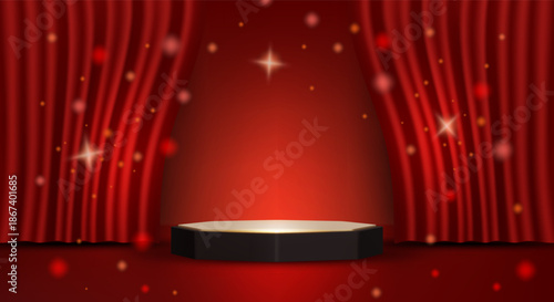 3D vector illustration of black hexagon podium with red theater curtains and gold sparkles. Concept for luxury product display and award stage. Luxury and premium festive design template.